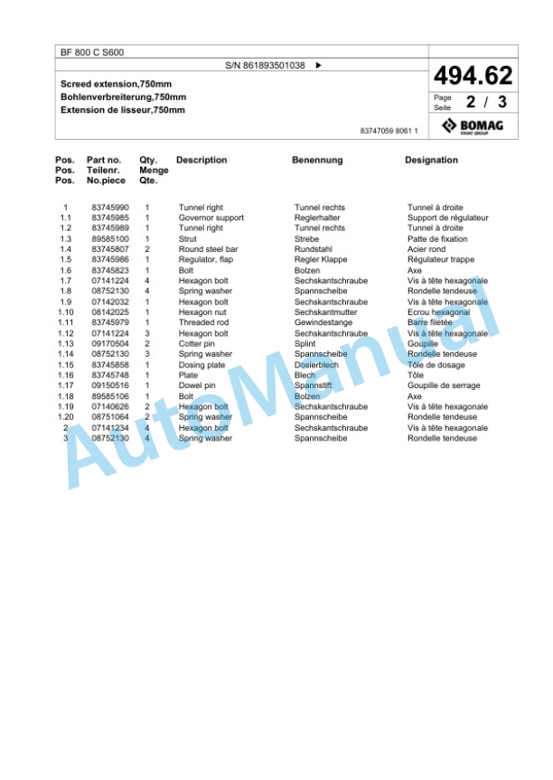 Bomag BF 800 C S600 Paver Spare Parts Catalogue 00825121-3