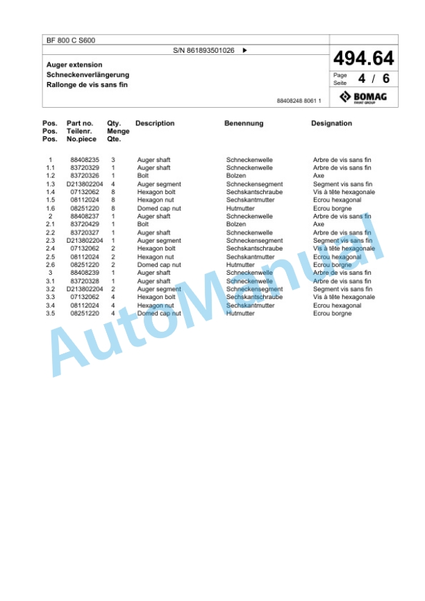 Bomag BF 800 C S600 Paver Spare Parts Catalogue 00825121-4