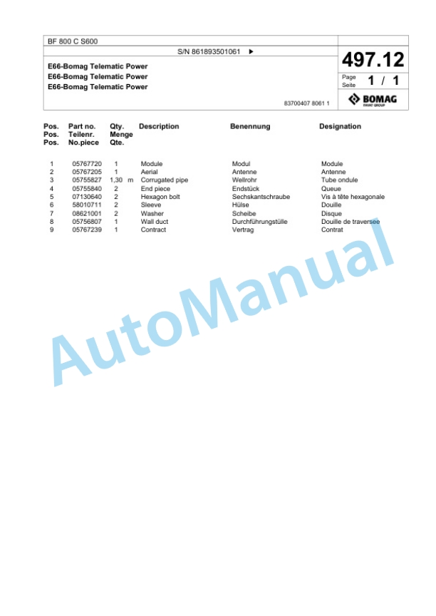 Bomag BF 800 C S600 Paver Spare Parts Catalogue 00825121-5