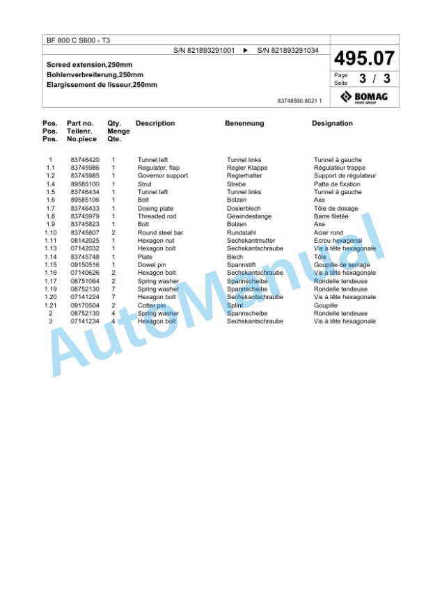 Bomag BF 800 C S600 - T3 Paver Spare Parts Catalogue 00800939-4