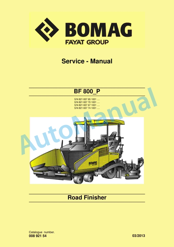 Bomag BF 800 P Road Finisher Service Manual 00892154