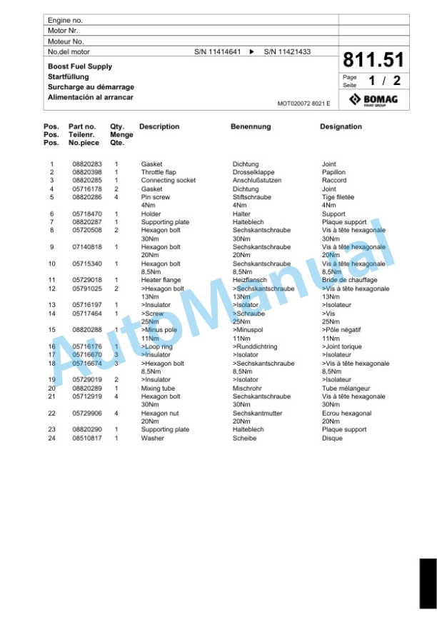 Bomag BF 800 P S 500-4i Paver Spare Parts Catalogue 00824513-5