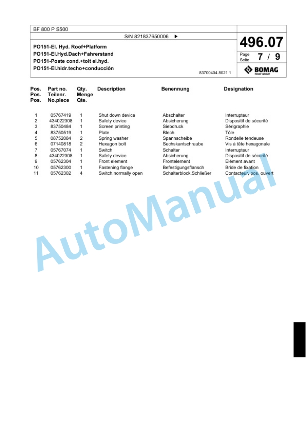 Bomag BF 800 P S500 Paver Spare Parts Catalogue 00800685-4