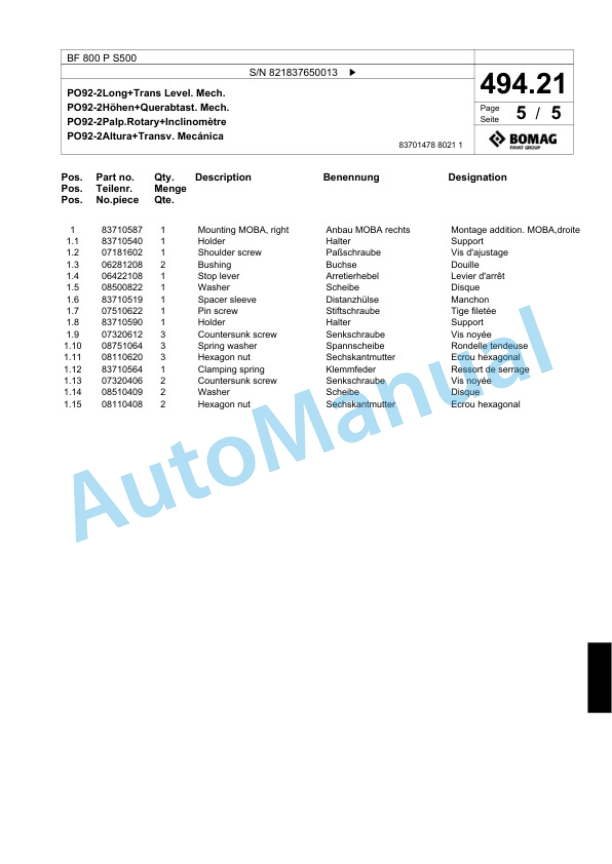 Bomag BF 800 P S500 Paver Spare Parts Catalogue 00800831-2