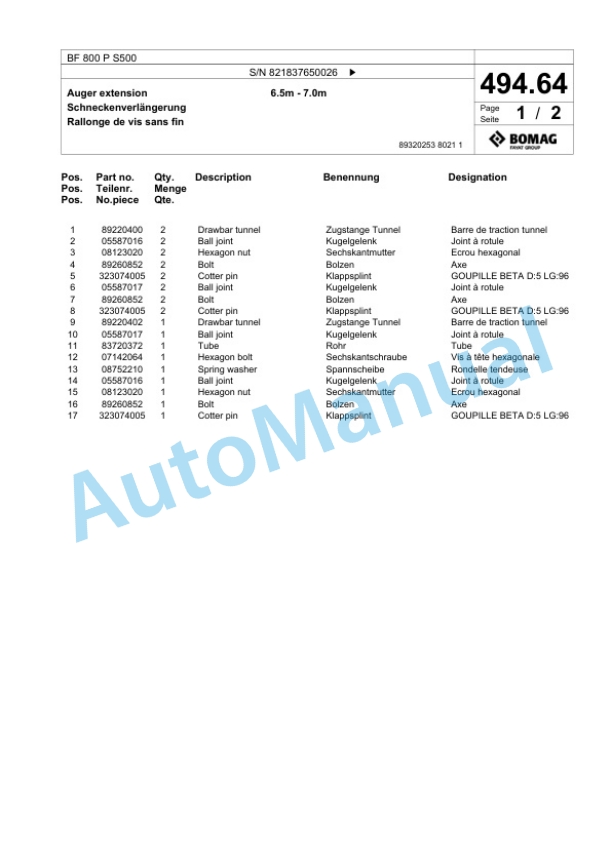 Bomag BF 800 P S500 Paver Spare Parts Catalogue 00800879-4
