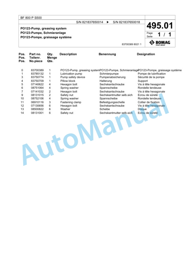 Bomag BF 800 P S500 Paver Spare Parts Catalogue 00800879-5