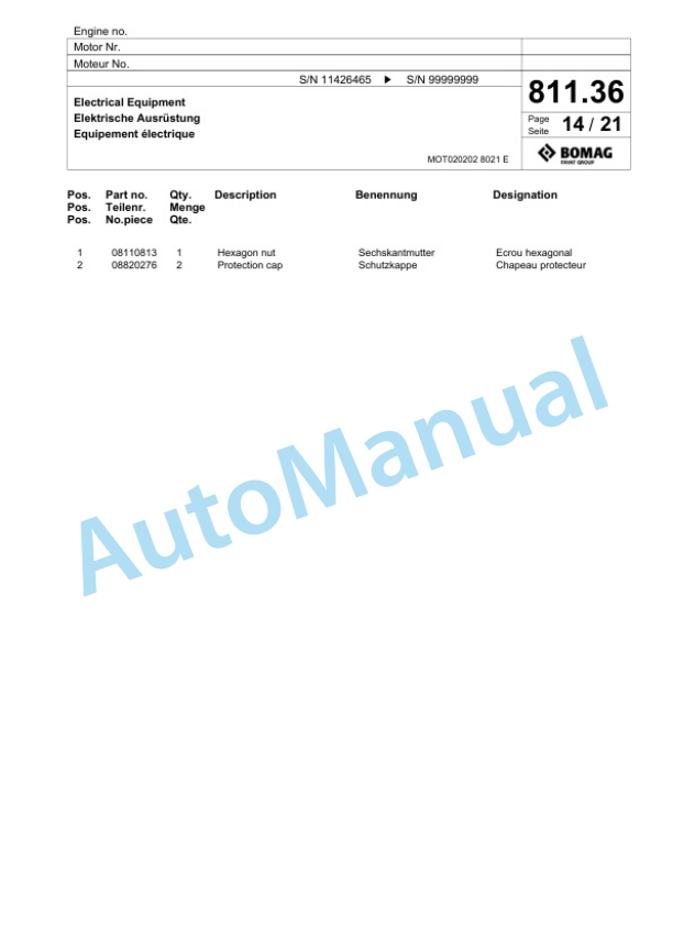 Bomag BF 800 P S600 - 4i Paver Spare Parts Catalogue 00800929-5