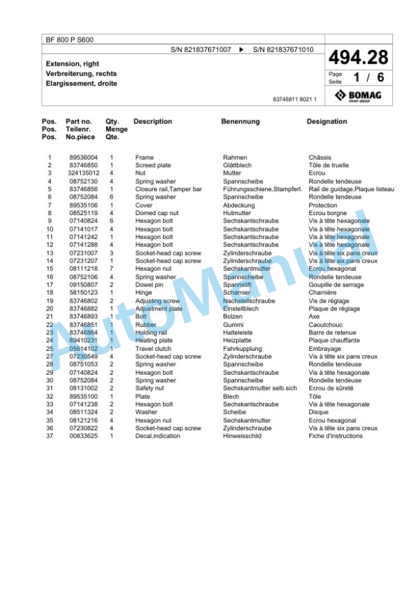 Bomag BF 800 P S600 Paver Spare Parts Catalogue 00800881-2