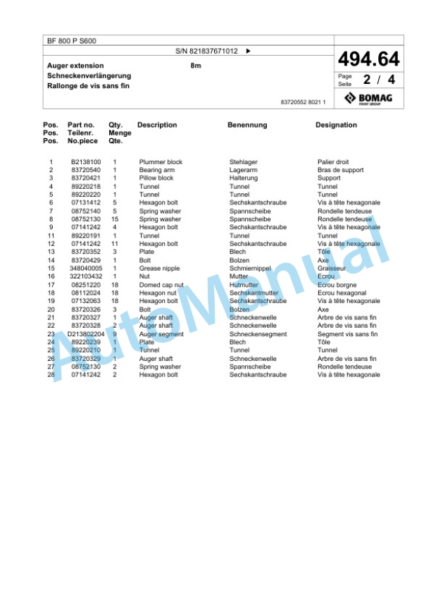 Bomag BF 800 P S600 Paver Spare Parts Catalogue 00800881-3