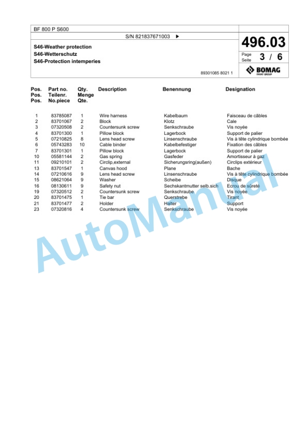 Bomag BF 800 P S600 Paver Spare Parts Catalogue 00800881-4