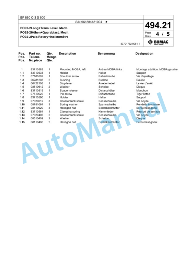 Bomag BF 880 C-3 S 600 Paver Spare Parts Catalogue 00826635-2