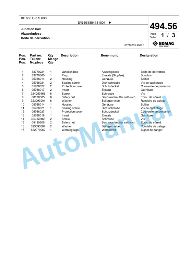 Bomag BF 880 C-3 S 600 Paver Spare Parts Catalogue 00826635-3