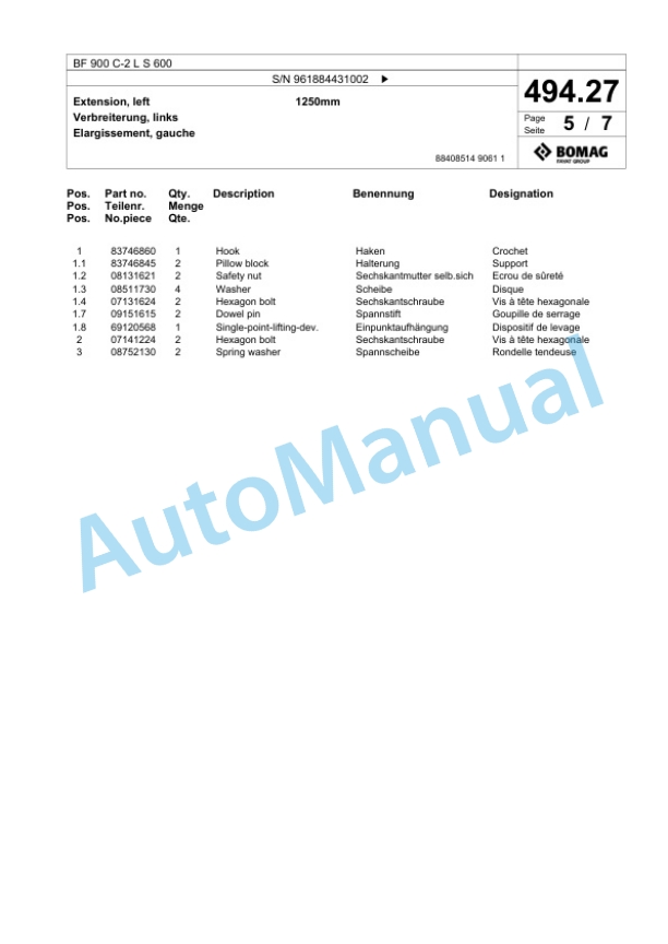 Bomag BF 900 C-2 L S 600 Paver Spare Parts Catalogue 00827135-2