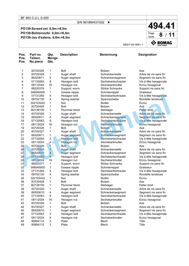 Bomag BF 900 C-2 L S 600 Paver Spare Parts Catalogue 00827135-3