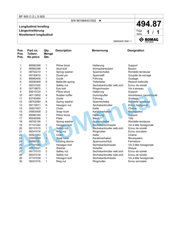 Bomag BF 900 C-2 L S 600 Paver Spare Parts Catalogue 00827135-4
