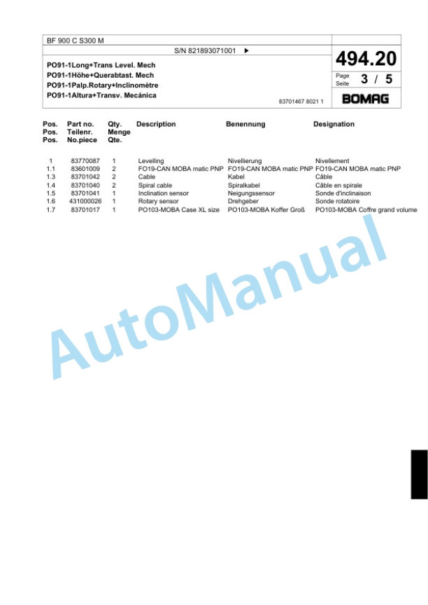 Bomag BF 900 C S300 M Paver Spare Parts Catalogue 00800751-2