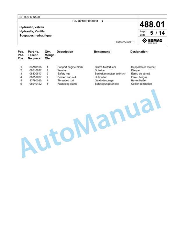 Bomag BF 900 C S500 Paver Spare Parts Catalogue 00800753-2