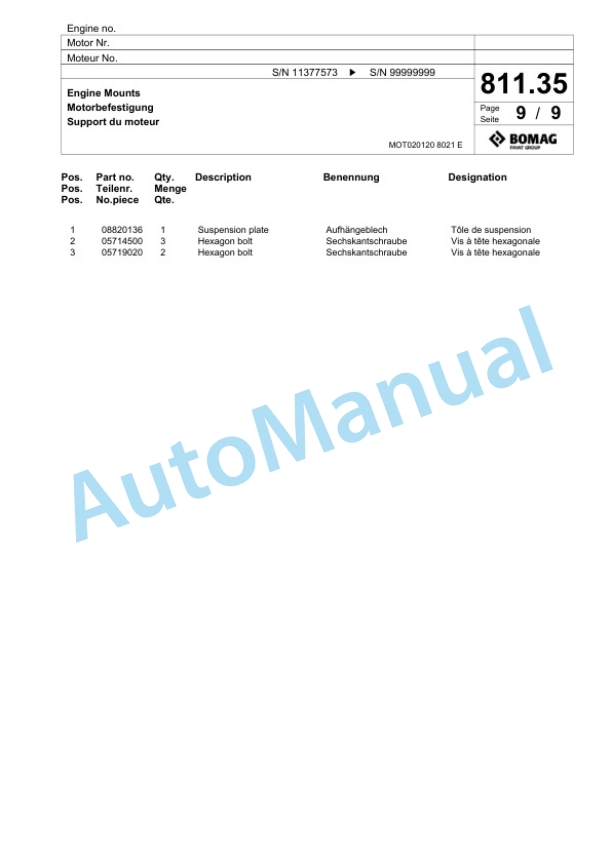 Bomag BF 900 C S500 Paver Spare Parts Catalogue 00800753-4