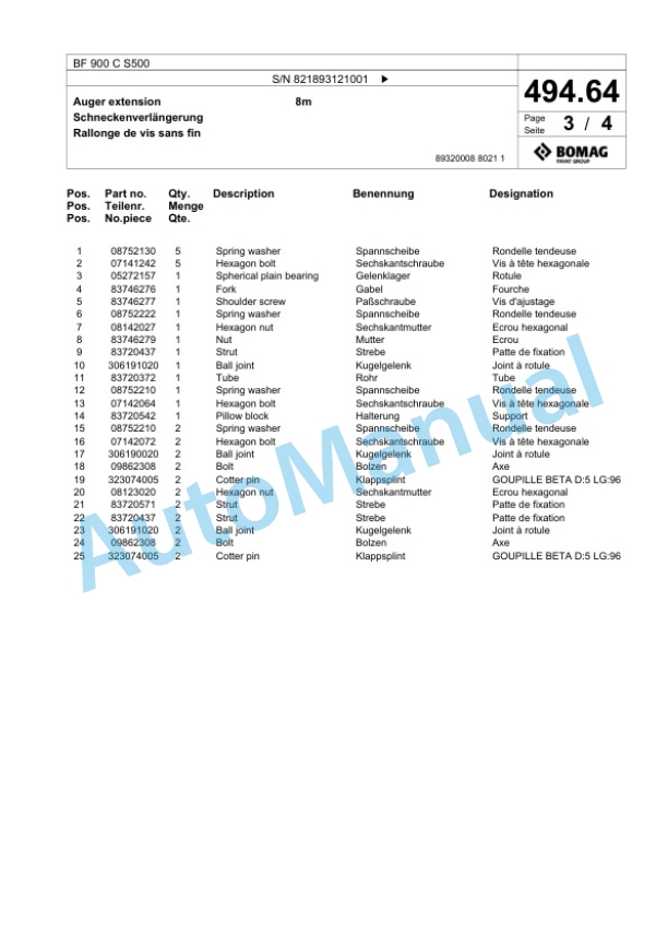 Bomag BF 900 C S500 Paver Spare Parts Catalogue 00800787-3