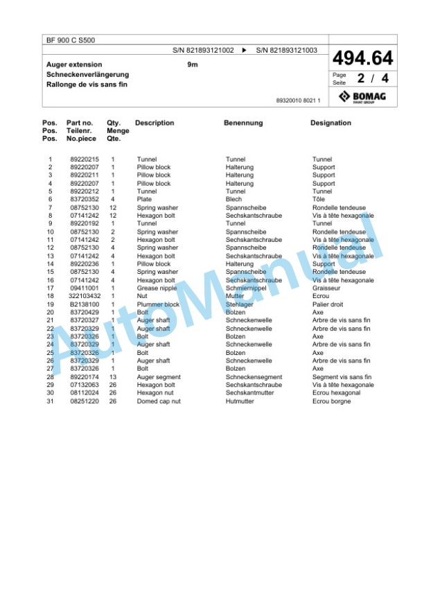 Bomag BF 900 C S500 Paver Spare Parts Catalogue 00800821-3