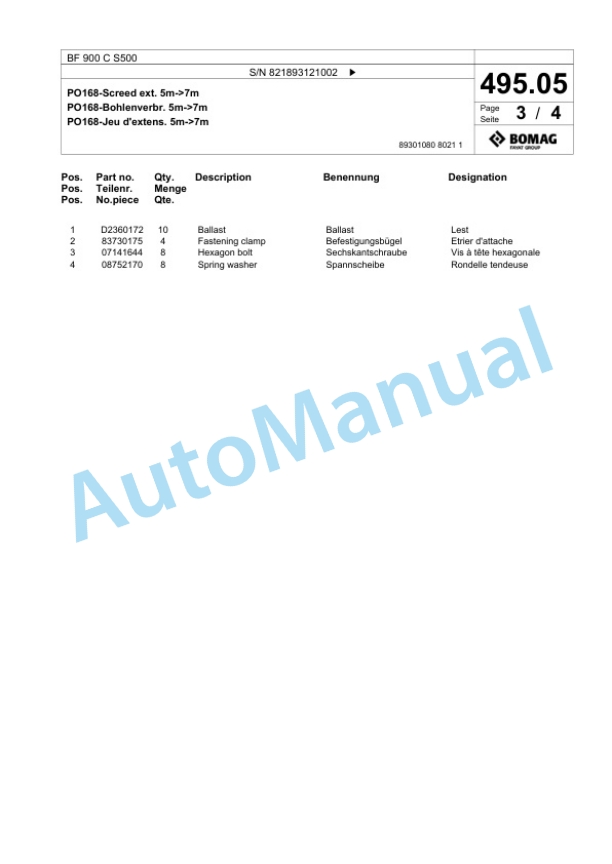 Bomag BF 900 C S500 Paver Spare Parts Catalogue 00800821-4
