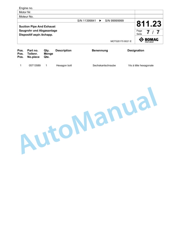 Bomag BF 900 C S600 - 4i Paver Spare Parts Catalogue 00800921-5