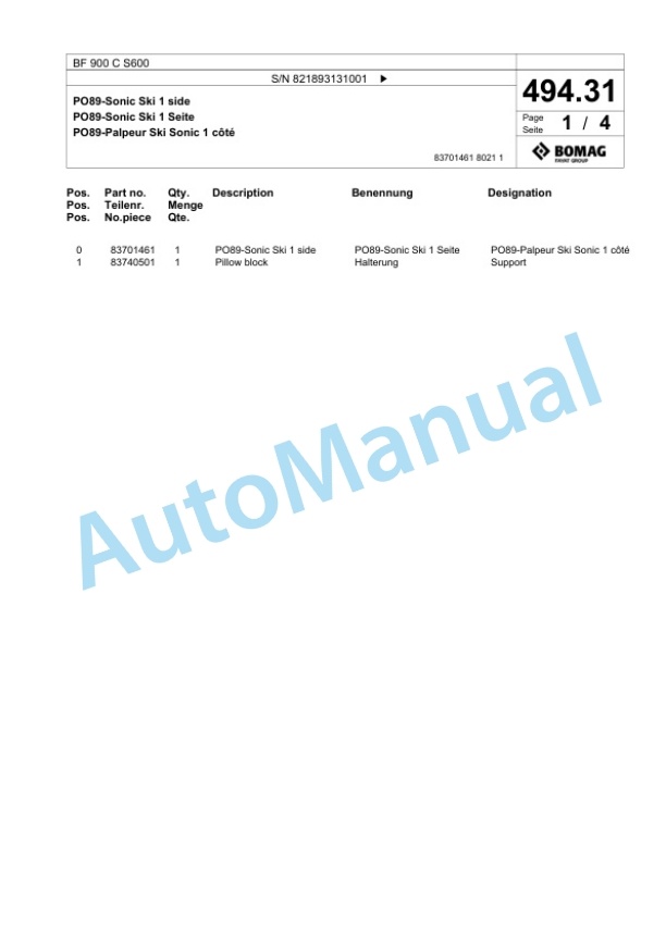 Bomag BF 900 C S600 Paver Spare Parts Catalogue 00800783-2