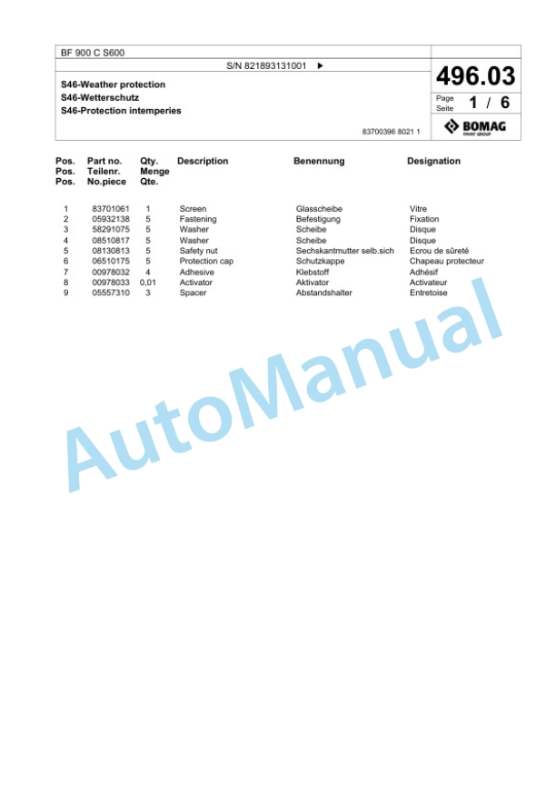 Bomag BF 900 C S600 Paver Spare Parts Catalogue 00800783-4
