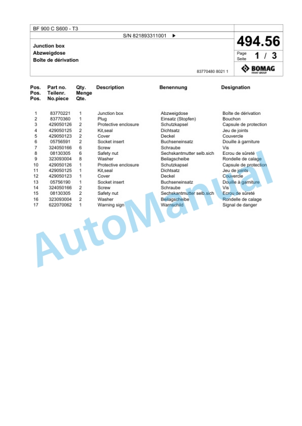 Bomag BF 900 C S600 - T3 Paver Spare Parts Catalogue 00800943-2