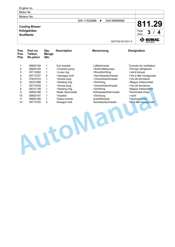 Bomag BF 900 C S600 - T3 Paver Spare Parts Catalogue 00800943-5