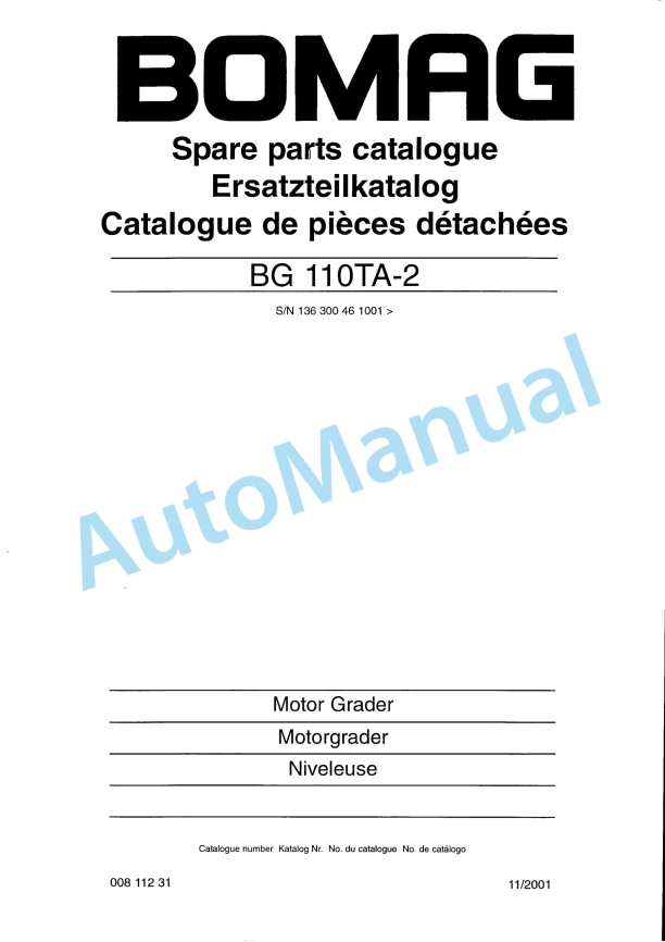 Bomag BG 110TA-2 Motor Grader Spare Parts Catalogue 00811231