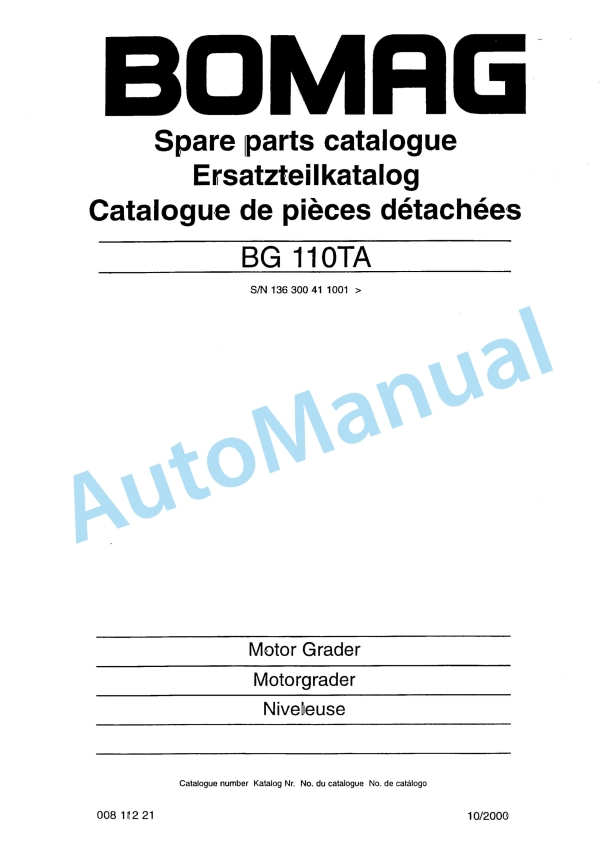 Bomag BG 110TA Motor Grader Spare Parts Catalogue 00811221