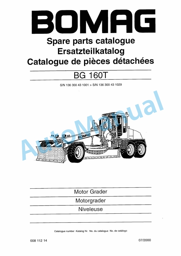 Bomag BG 160T Motor Grader Spare Parts Catalogue 00811214