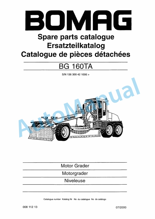 Bomag BG 160TA Motor Grader Spare Parts Catalogue 00811213