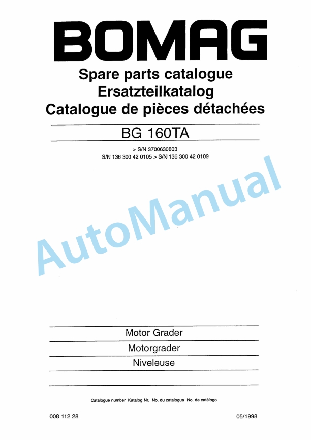 Bomag BG 160TA Motor Grader Spare Parts Catalogue 00811228