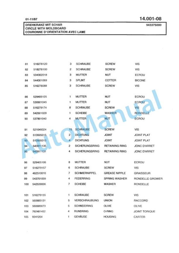 Bomag BG 160TA Motor Grader Spare Parts Catalogue 00811228-5