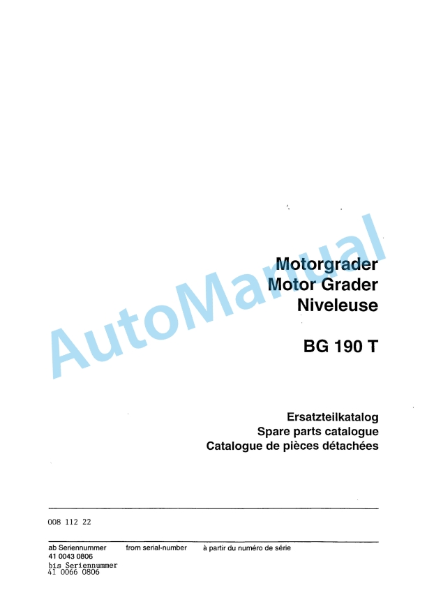 Bomag BG 190T Motor Grader Spare Parts Catalogue 00811222