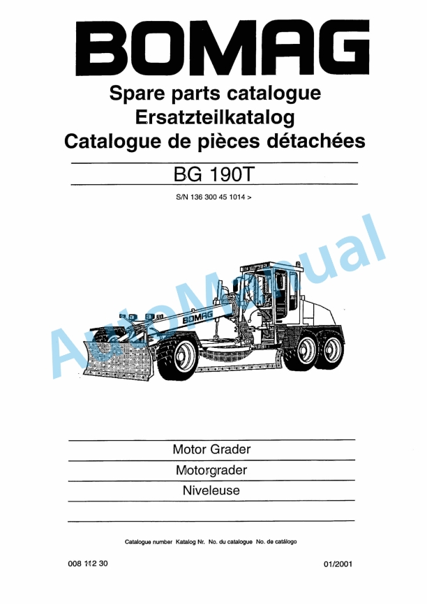 Bomag BG 190T Motor Grader Spare Parts Catalogue 00811230