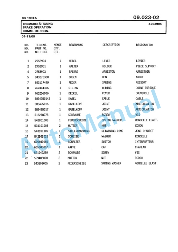 Bomag BG 190T Motor Grader Spare Parts Catalogue 00811230-3