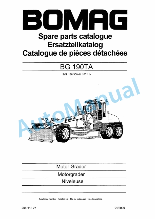 Bomag BG 190TA Motor Grader Spare Parts Catalogue 00811227