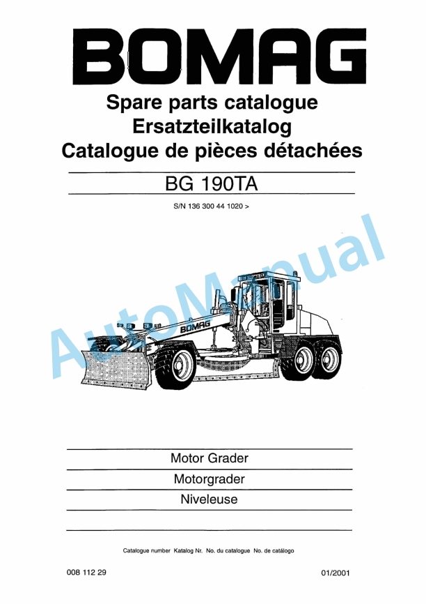 Bomag BG 190TA Motor Grader Spare Parts Catalogue 00811229