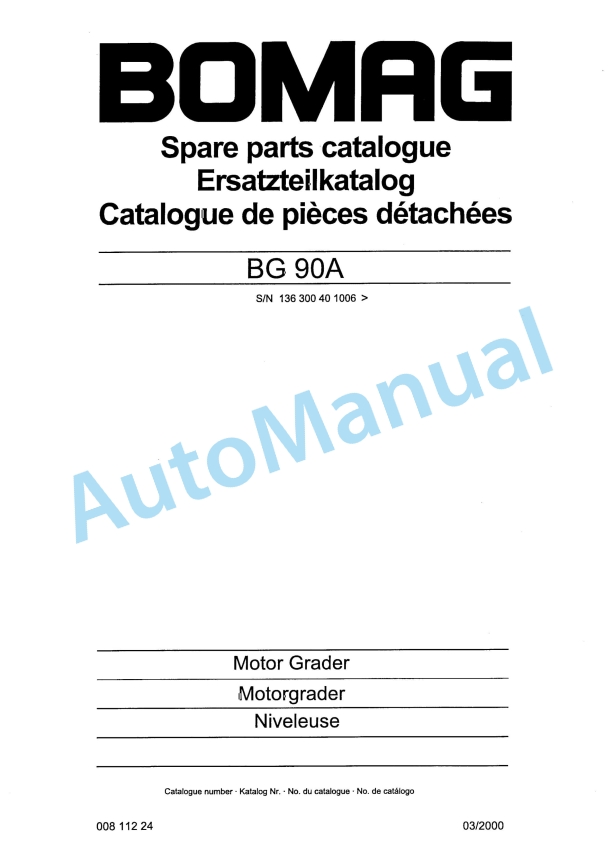 Bomag BG 90 A Motor Grader Spare Parts Catalogue 00811224
