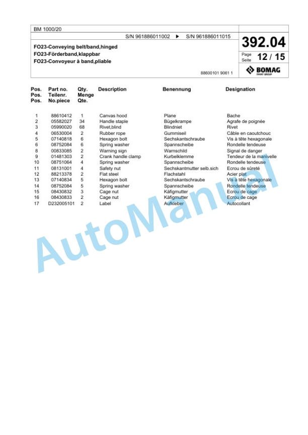 Bomag BM 1000-20 Cold Milling Planer Spare Parts Catalogue 00826453-5