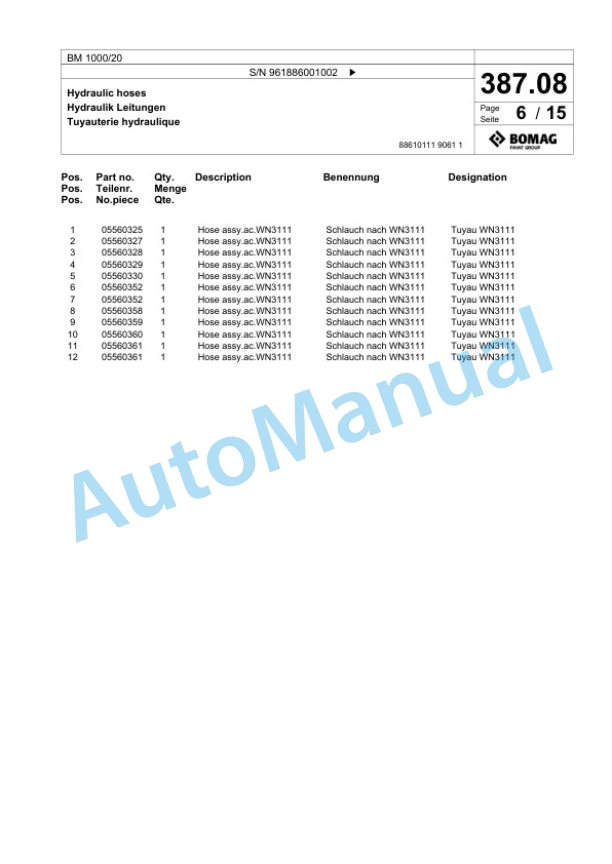 Bomag BM 1000-20 Cold Milling Planer Spare Parts Catalogue 00826455-3