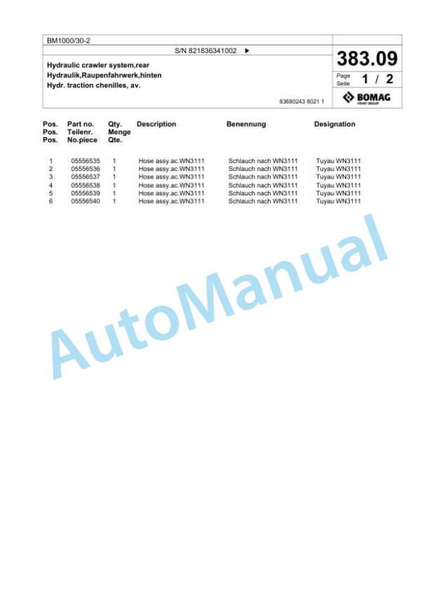 Bomag BM 1000-30-2 Cold Milling Planer Spare Parts Catalogue 00800665-3