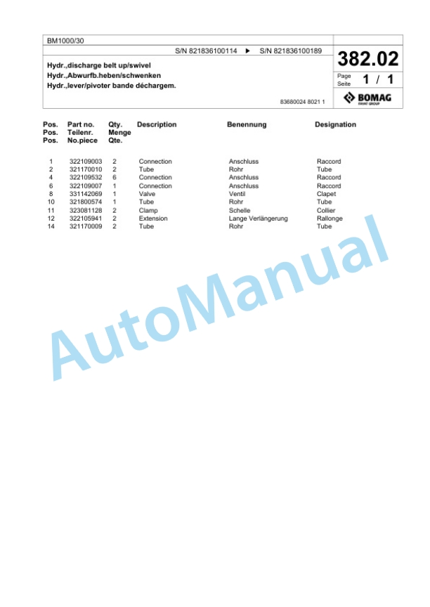 Bomag BM 1000-30 Cold Milling Planer Spare Parts Catalogue 00800605-2