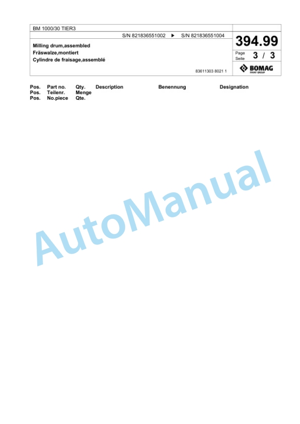 Bomag BM 1000-30 TIER3 Cold Milling Planer Spare Parts Catalogue 00825091-4