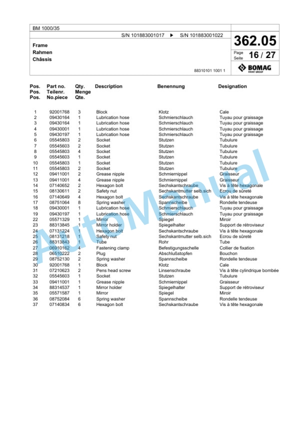 Bomag BM 1000-35 Cold Milling Planer Spare Parts Catalogue 00824229-2