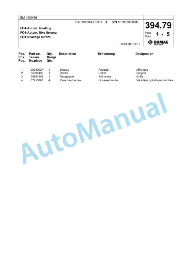 Bomag BM 1000-35 Cold Milling Planer Spare Parts Catalogue 00824229-5
