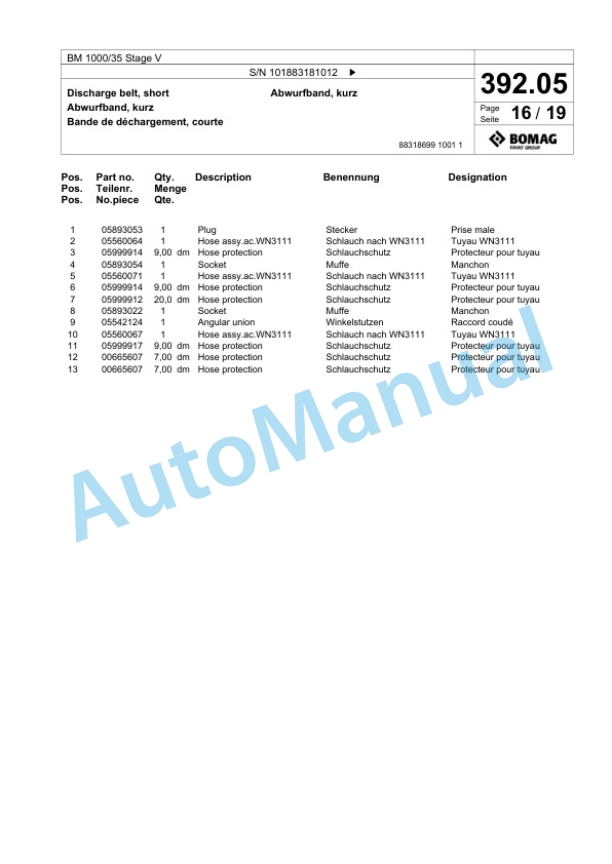 Bomag BM 1000-35 Stage V Cold Milling Planer Spare Parts Catalogue 00825555-3